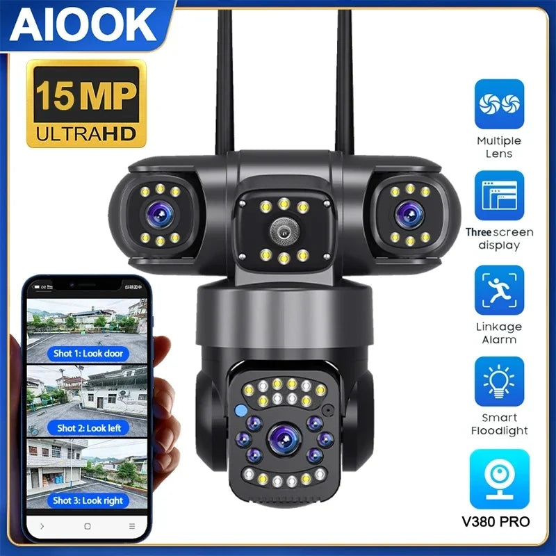 AIOOK Three-Lens 15MP WiFi IP Camera – Ultimate Outdoor Security with Full-Color Night Vision