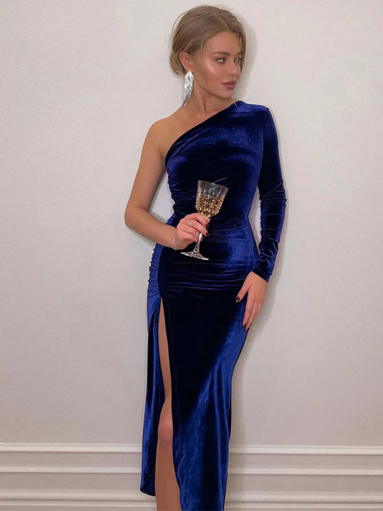 Velvet Elegance Diagonal Neck Dress