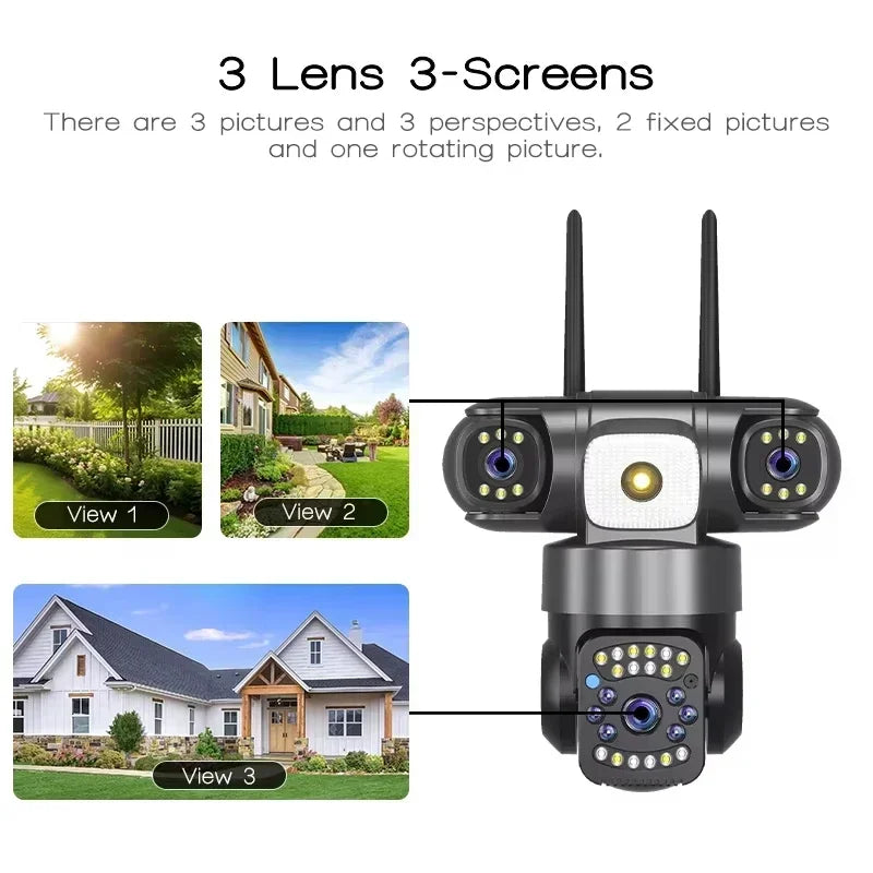 AIOOK Three-Lens 15MP WiFi IP Camera – Ultimate Outdoor Security with Full-Color Night Vision