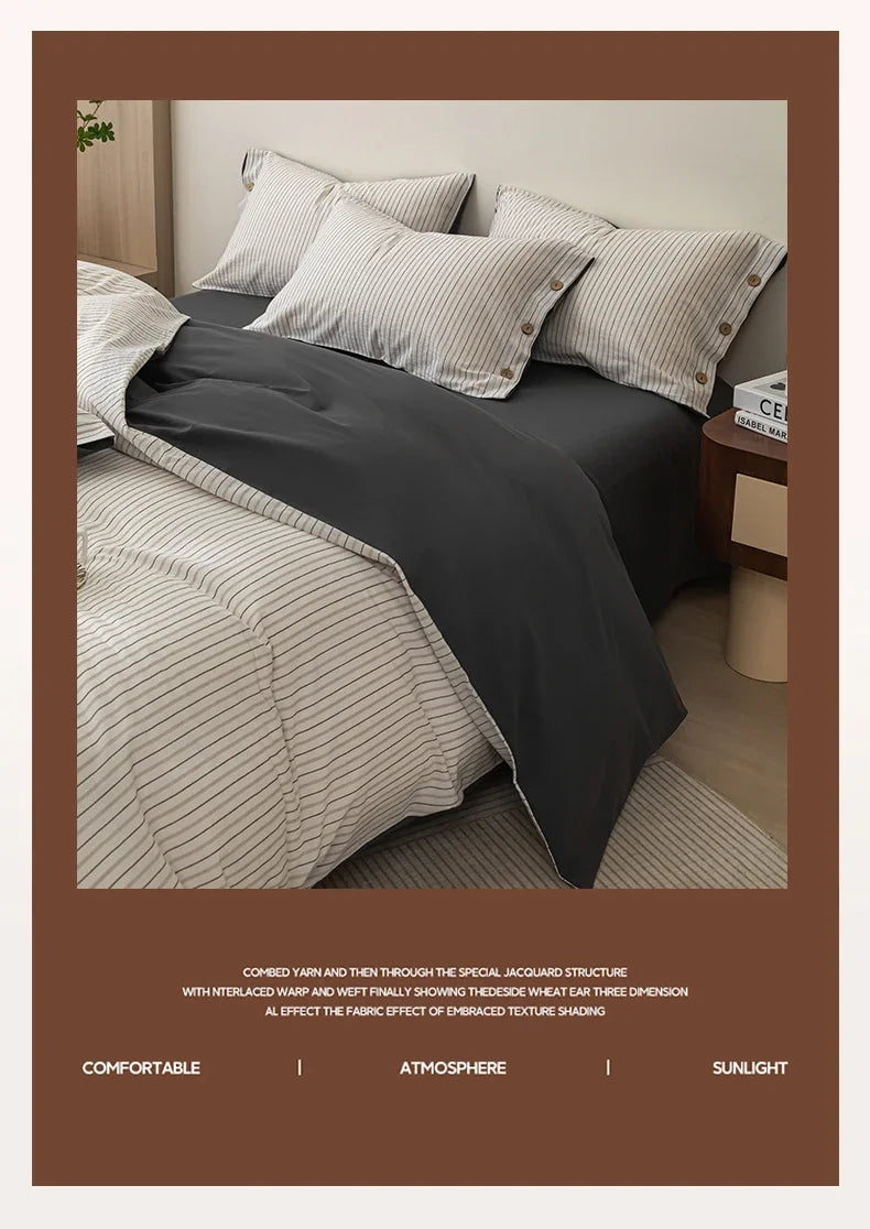 Luxury Yarn-Dyed Jacquard Striped Cotton Bedding Set – Elegant Comfort for Your Home