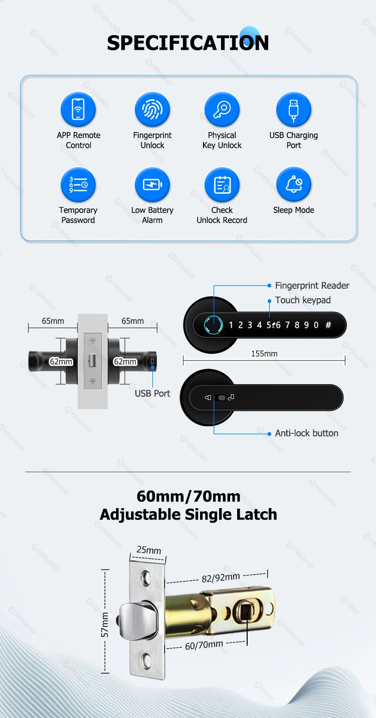 YRHAND Tuya BLE Biometric Smart Fingerprint Lock – Secure, Smart & Convenient